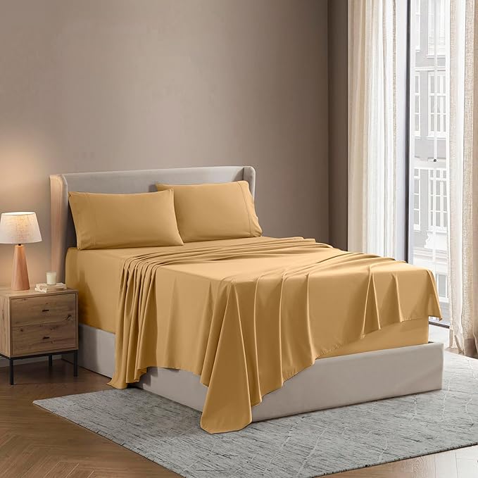 Nestl Short Queen Sheet Set - 1800 Ultra-Soft Microfiber - Double Brushed - Deep Pockets - Easy Fit - 4 Piece Set - Bed Sheets (Short Queen, Camel Gold)