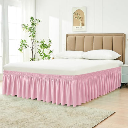 Biscaynebay Wrap Around Bed Skirts for King & Cal King Beds 15" Drop, Pink Adjustable Elastic Dust Ruffles Easy Fit Wrinkle & Fade Resistant Silky Luxurious Fabric Machine Washable