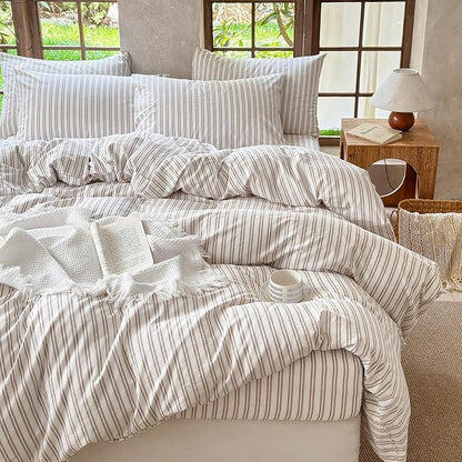 Striped Duvet Cover Set 100% Washed Cotton Linen Like Soft Feelling Breathable Bedding(Light Yellow/White Strip,King)