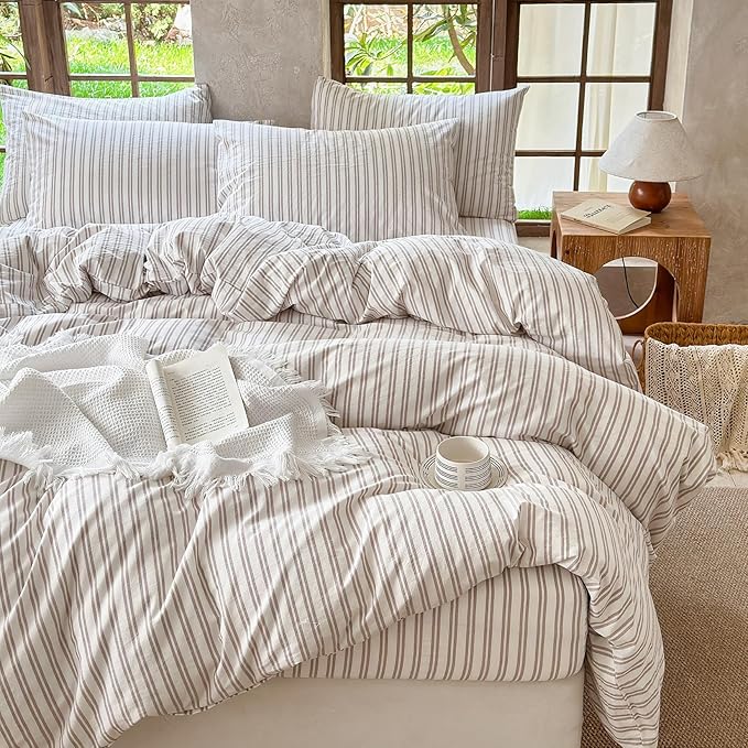 Striped Duvet Cover Set 100% Washed Cotton Linen Like Soft Feelling Breathable Bedding(Light Yellow/White Strip,Full)