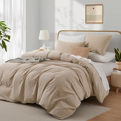 100% Washed Cotton Duvet Cover Set, Linen Like Natural Bedding Set with Zipper Closure (No Comforter), 104x98 Inches, Cal King, Linen Grey