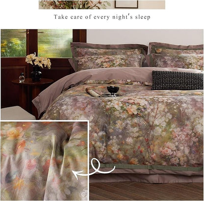 mixinni Vintage Floral Duvet Cover Set - Queen Size, 100% Long Staple Cotton Percale, Reversible Garden Style Bedding Set with Zipper Closure, 3-Piece Luxury Duvet Cover with 2 Pillow Shams (20"x26")