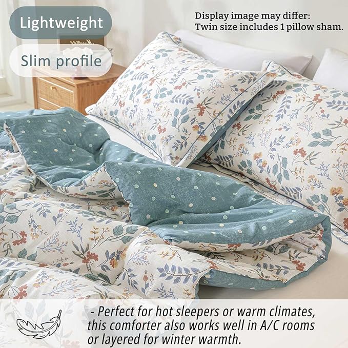 Botanical Cotton Comforter Twin Size - Lake Green Comforter with Dusky Blue & Warm Rust Leaves on Ivory,Reversible Lightweight Bedding Sets 2Pcs(Polka Dot,68"×90")