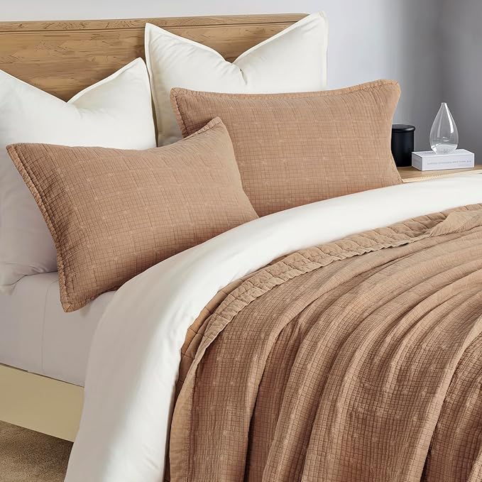 EVERGRACEHOME Stonewashed Cotton Quilt Set King Size, Ultra Soft Oversized Bedspread Coverlet Set, Lightweight Crinkle Box Stitch Bedding Sets for All Season, with 2 Shams, Terracotta
