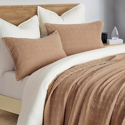 EVERGRACEHOME Stonewashed Cotton Quilt Set Full Queen Size, Ultra Soft Oversized Bedspread Coverlet Set, Lightweight Crinkle Box Stitch Bedding Sets for All Season, with 2 Shams, Terracotta