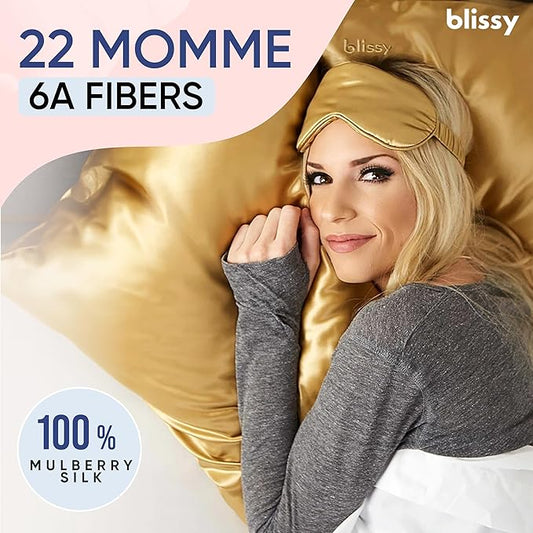 Blissy Silk Pillowcase - 100% Pure Mulberry Silk - 22 Momme 6A High-Grade Fibers - Silk Pillow Cover for Hair & Skin - Regular, Queen & King (Gold, King)