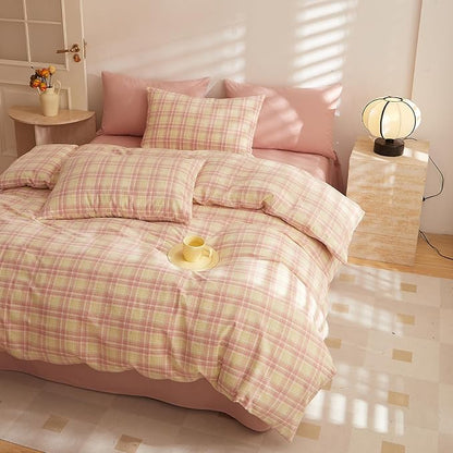 EAVD Vintage Gingham Comforter Set Full Soft 100% Washed Cotton 3-Piece Pink Yellow Grid Plaid Checkered Pattern Bedding Set with 2 Pillowcases Retro Reversible Geometric Comforter Set for All-Season