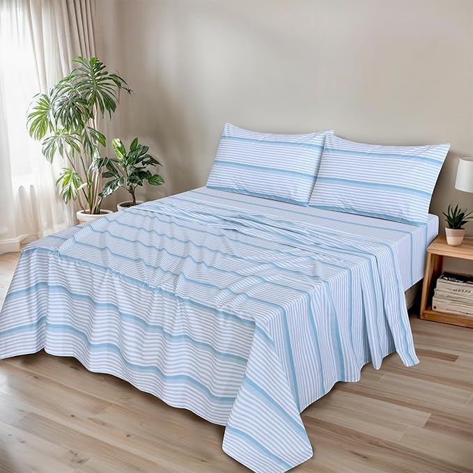 RUVANTI 100% Organic Cotton Sheets King Size, Percale Weave, GOTS Certified, 4-Piece Set, Deep Pocket 15", Crisp & Breathable, Soft Durable Bedding, Sábanas Algodón Orgánico – Nautical Stripes