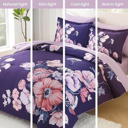 King Size Comforter Set - 7 Pieces Floral Comforter and Sheet Set, Dark Purple King Size Bed in a Bag, Soft Microfiber Flower Complete Bedding Set for All Seasons（Dark Purple,104"x90"）
