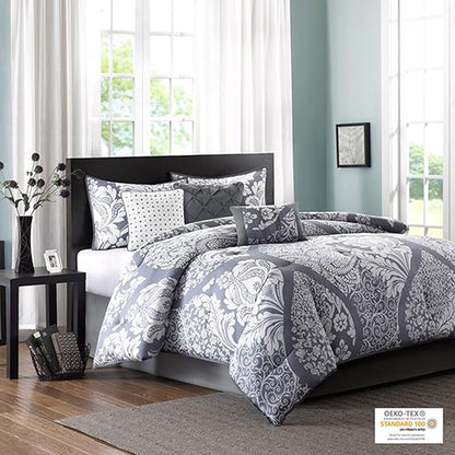 Madison Park Vienna Sateen Cotton Comforter Set, Breathable, Soft Cover, Trendy, All Season Down Alternative Cozy Bedding with Matching Shams, Queen, Grey 7 Piece