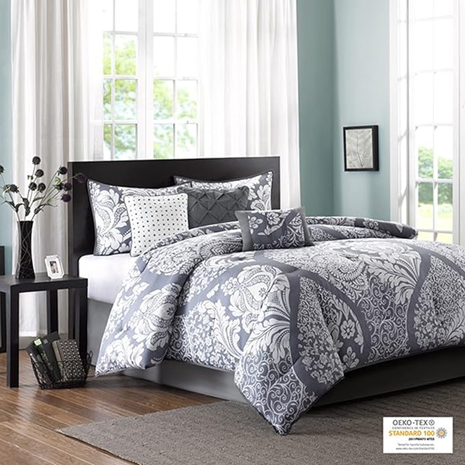 Madison Park Vienna Sateen Cotton Comforter Set, Breathable, Soft Cover, Trendy, All Season Down Alternative Cozy Bedding with Matching Shams, King, Grey 7 Piece