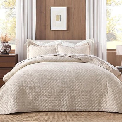 Grassix Linen Quilt Set King Size 3-Piece, 100% Linen Front & Cotton Back, Prewashed Diamond Stitch Bedspread with 2 Shams, Lightweight Breathable Quilt for Hot Sleepers, Modern Farmhouse Bedding