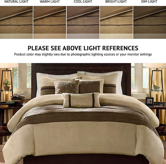 Madison Park Palmer Comforter Set - Faux Suede Design, Striped Accent, All Season Down Alternative Bedding, Matching Shams, Decorative Pillow, Bed Skirt, King (104 in x 92 in), Natural 7 Piece