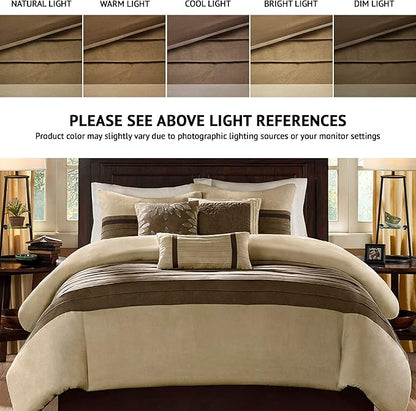 Madison Park Palmer Comforter Set - Faux Suede Design, Striped Accent, All Season Down Alternative Bedding, Matching Shams, Decorative Pillow, Bed Skirt, Full (82 in x 90 in), Natural 7 Piece