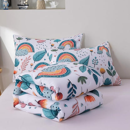 Btargot Lightweight Soft 3 Piece Rainbow Comforter Set with 2 Pillow Covers, Cartoon Leaves Flowers Bedding Set for Girls Boys Kids, Twin Green