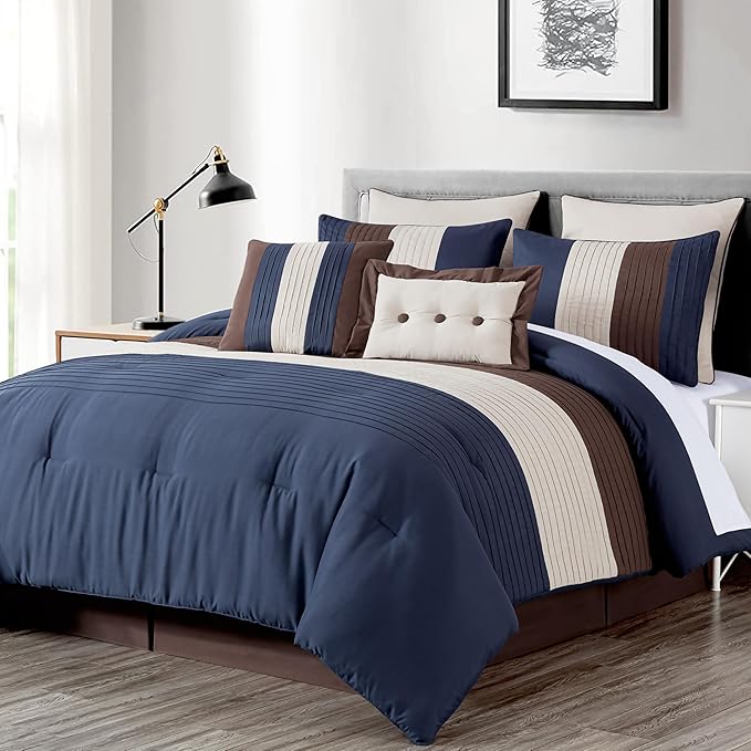 Chezmoi Collection Loft 8-Piece Full Comforter Set, Midnight Blue/Brown/Coffee Cream Luxury Striped Bedding for All Season