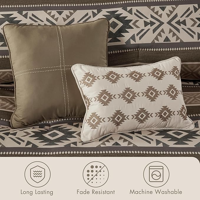 Madison Park Queen Comforter Set, Stripes Herringbone Southwestern Boho Comforters Queen Size, All Season Lightweight & Fluffy Microfiber Bed Set, 2 Décor Pillows, Mariposa, Full/Queen Brown 5 Piece