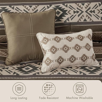 Madison Park Queen Comforter Set, Stripes Herringbone Southwestern Boho Comforters Queen Size, All Season Lightweight & Fluffy Microfiber Bed Set, 2 Décor Pillows, Mariposa, Full/Queen Brown 5 Piece