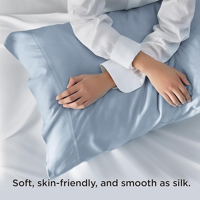 Bedsure Pillow Cases Queen, Cooling Pillow Cases, Rayon Derived from Bamboo Light Blue Pillowcases Queen Size Set of 2, PureWoven Silky Soft Bedding Pillow Covers with Envelope Closure, 20x30 Inches