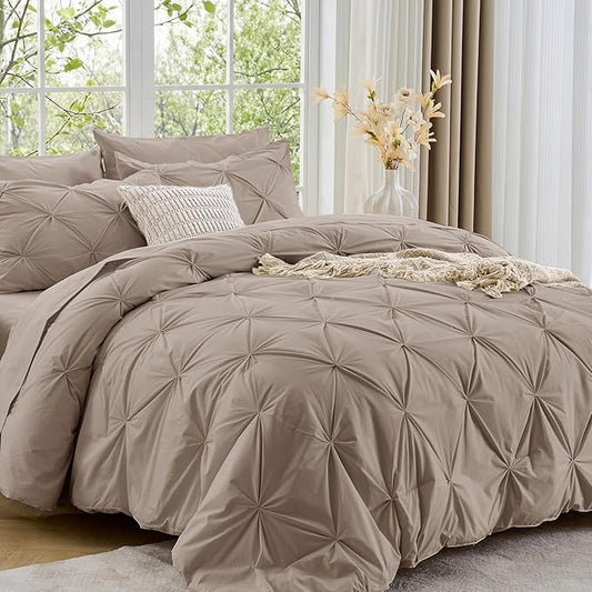 Sasttie Twin Comforter Set, 5-Piece Bed in a Bag, Pintuck Bedding Sets for All Season, Includes Comforter, Flat Sheet, Fitted Sheet, Pillowcase and Pillowsham, Dark Linen