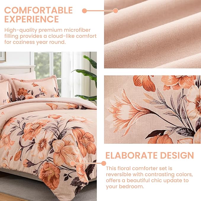 Floral King Size Comforter Set,7 Piece Orange Bed in a Bag, Elegant Flower Pattern Comforter Set with Sheet, Soft Microfiber Complete Bedding Sets for All Season