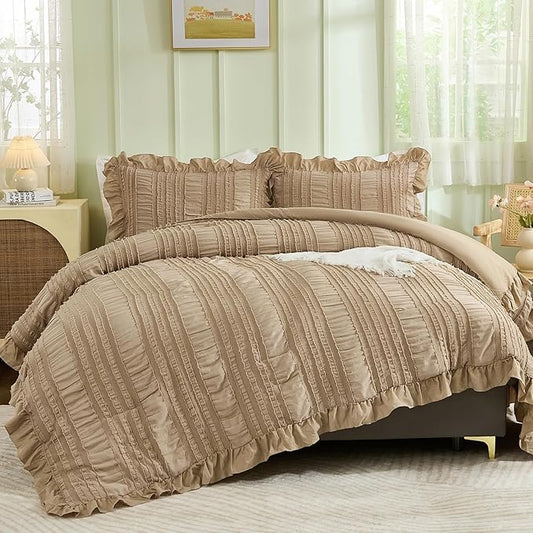 WONGS BEDDING Khaki Comforter Set Queen,3 Pieces Ruffle Farmhouse Shabby Chic Comforter for Queen Bed,Soft Seersucker Textured Boho Bedding Set with 1 Ruffle Comforter,2 Tufted Pillowcases 90"×90"