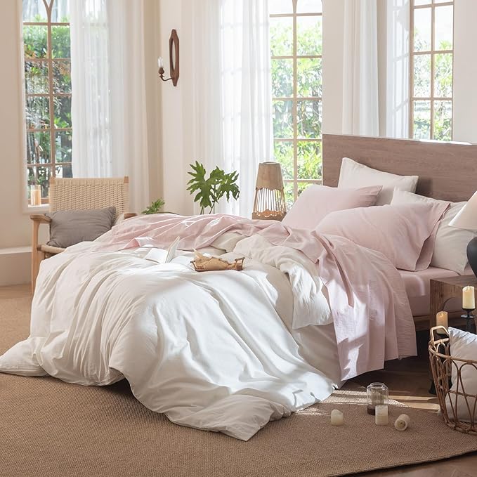 MooMee Fitted Bottom Sheet Only 100% Washed Cotton Linen Like Textured Breathable Durable Soft Comfy Deep Pocket Fits Mattress up to 17" (Greyish Pink, King)