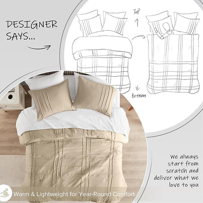 Comfort Spaces Khaki Cal King Size Comforter Set - 3 Pieces Pintuck Pleated Bedding Sets, All Season Lightweight, Extra Softness Pre-Washed Microfiber Cal King Bed Set, Shams, Cal King