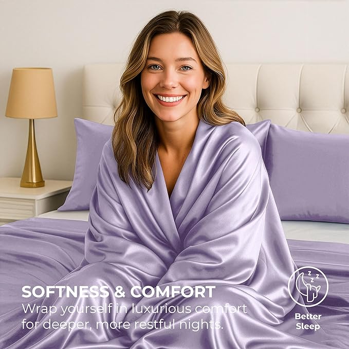 Pure Bedding Satin Sheets Full [4-Piece, Lavender] Hotel Luxury Silky Bed Sheets - Extra Soft 1800 Microfiber Sheet Set, Wrinkle, Fade, Deep Pocket Fitted Sheet, Flat Sheet, Pillow Cases