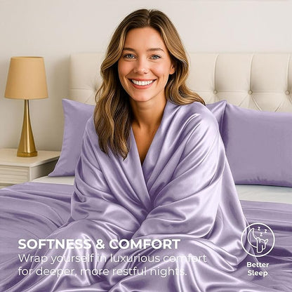 Pure Bedding Satin Sheets Full [4-Piece, Lavender] Hotel Luxury Silky Bed Sheets - Extra Soft 1800 Microfiber Sheet Set, Wrinkle, Fade, Deep Pocket Fitted Sheet, Flat Sheet, Pillow Cases