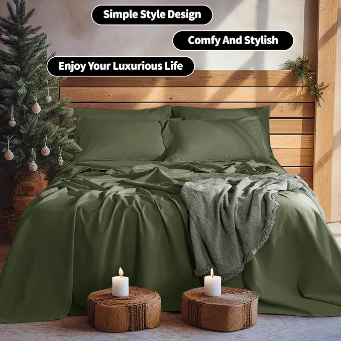 LBRO2M 100% Pure Linen Sheet Set Deep Pocket Up to 16" Bed Sheets Sets, Natural Flax Beddings Soft, Breathable, Comfortable for All Seasons 6 Pcs Sheet Set Cal King Size, Olive Green