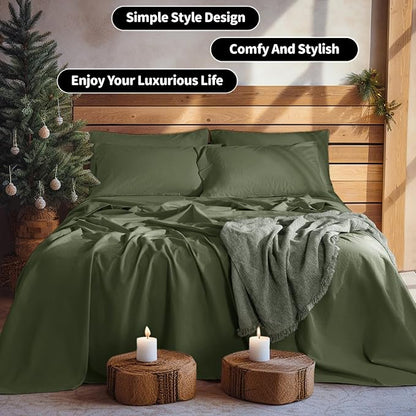LBRO2M 100% Pure Linen Sheet Set Deep Pocket Up to 16" Bed Sheets Sets, Natural Flax Beddings Soft, Breathable, Comfortable for All Seasons 6 Pcs Sheet Set Full Size, Olive Green