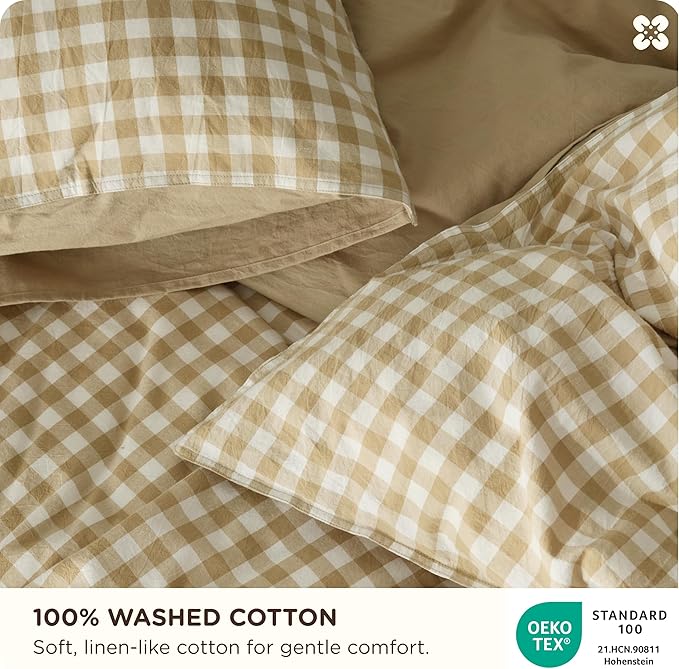 Bedsure Gingham Duvet Cover King Size, 100% Washed Cotton PureWoven Duvet Cover Linen Like Textured, Classic Yarn-Dyed Checkered Pattern Enhances Bedroom Comfort and Style, Gingham Khaki, 104"x90"