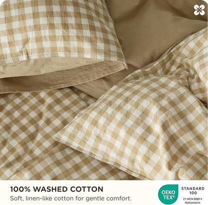 Bedsure Gingham Duvet Cover King Size, 100% Washed Cotton PureWoven Duvet Cover Linen Like Textured, Classic Yarn-Dyed Checkered Pattern Enhances Bedroom Comfort and Style, Gingham Khaki, 104"x90"