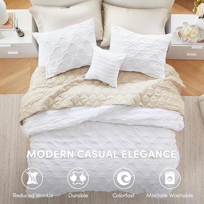 Comfort Spaces Comforter for Queen Size Bed, Ogee Ruched with Crinkle Texture, Breathable Comforter Set Queen, All Season Lightweight Bedding Set, Shams, Décor Pilow, Full/Queen White 4 Piece