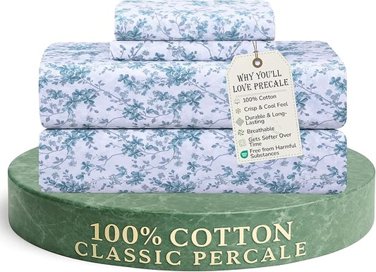 Feather & Stitch Softest 100% Cotton Sheets, 300 Thread Count Percale Weave Bedding, 16" Deep Pocket, Cooling Sheets, Breathable Bed Set, Hotel Premium Quality (King, Blue Floral)