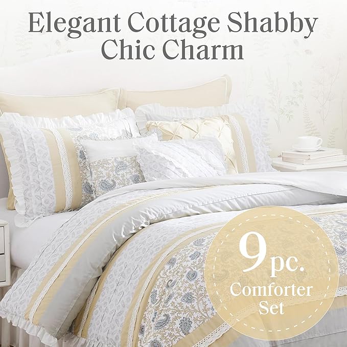 Madison Park Dawn 100% Cotton Shabby Chic Comforter Set-Modern Cottage Design All Season Down Alternative Bedding, Matching Shams, Bedskirt, Decorative Pillows, King(104"x92"), Yellow 9 Piece