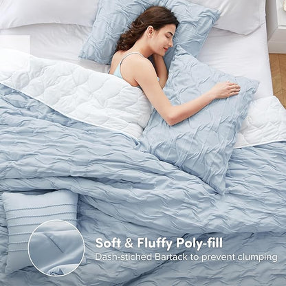 Comfort Spaces Comforter for King Size Bed, Ogee Ruched with Crinkle Texture, Breathable Comforter Set King, All Season Lightweight Bedding Set, Shams, Décor Pilow, King/Cal King Blue 4 Piece