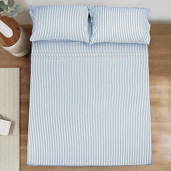 Mejoroom Striped Queen Size Sheet Set - Hotel Luxury 1800 Bedding Sheets & Pillowcases - Deep Pocket Fitted Sheet, Soft, Breathable, Wrinkle & Fade Resistant - 4 Piece (Blue Stripe)