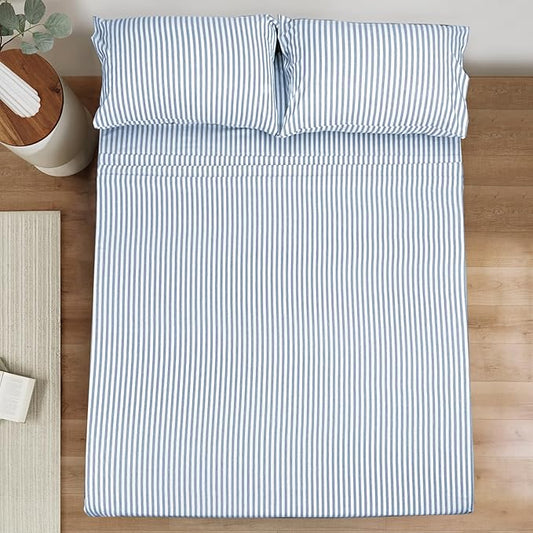 Mejoroom Striped King Size Sheet Set - Soft Microfiber Bed Sheets,Deep Pocket Fitted Sheet, Soft, Breathable, Wrinkle & Fade Resistant - 4 Piece (Blue Stripe)