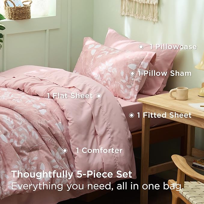 Bedsure Pink Twin XL Comforter Set - 5 Pieces Floral Bedding Sets Twin XL Bed in a Bag with Reversible Botanical Flowers Comforter, Sheets, Pillowcase & Sham