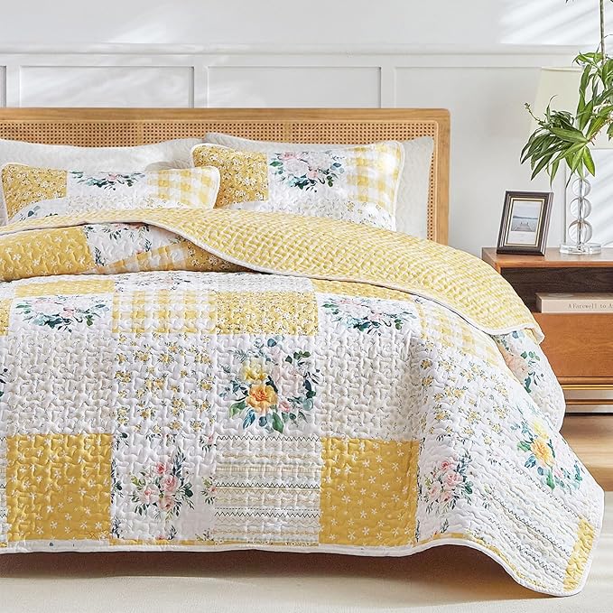 Joyreap 3 Pieces Floral Patchwork Quilt Set King, Yellow n White Flowers Design, Soft n Cozy Microfiber Quilt, Bedspread Bed Cover for All Season, 1 Quilt and 2 Pillow Shams- 102x90 inches