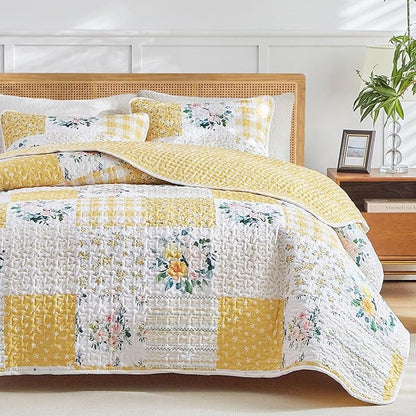 Joyreap 3 Pieces Patchwork Quilt Set California King, 102x114 inches- Yellow n White Flowers Design, Smooth Soft Microfiber Quilt, Bedspread Bed Cover for All Season