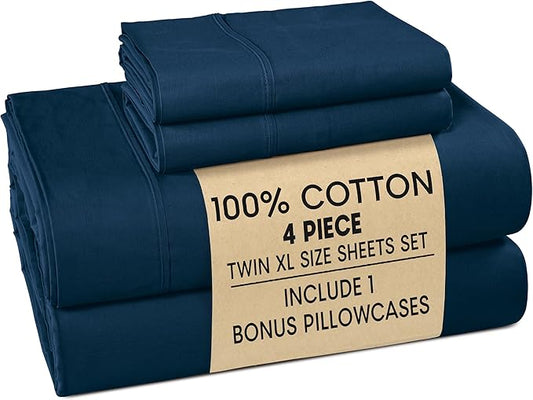 Casa Platino Twin XL Sheets Set – 100% Cotton Bed Sheets Twin XL, Breathable & Crisp Percale 4 Piece Set, 15" Deep Pocket for A Secure Fit, Ultra Soft & Cozy, Fit – Navy Blue