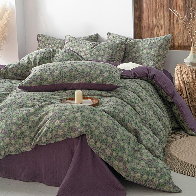 VM VOUGEMARKET Green & Purple Floral Jacquard Duvet Cover Set Queen,Breathable Double Layer Gauze Farmhouse Style Bedding Set for Home