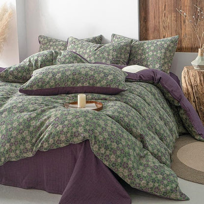 VM VOUGEMARKET Vintage Floral Jacquard Duvet Cover Set King Breathable Double Layered Gauze Bedding Collection for All-Season,Green & Purple