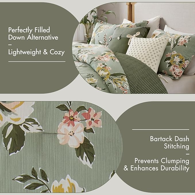 Madison Park Vintage Floral Reversible Comforters King Size Bed, All Season, Down Alternative Bedding Comforter, Bedskirt, Pillows, Shams, Salara, Cal King Green 7 Piece | Reversible