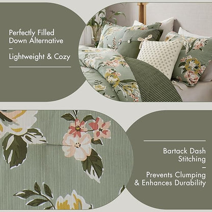 Madison Park Vintage Floral Reversible Comforters King Size Bed, All Season, Down Alternative Bedding Comforter, Bedskirt, Pillows, Shams, Salara, King Green 7 Piece | Reversible