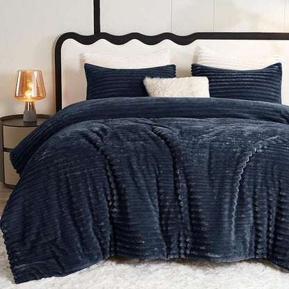 CozyLux Fluffy Queen Comforter Set - Super Soft Faux Fur Navy Blue Comforter Queen Size, Winter Warm Fleece Bedding Set, 3 Pieces Plush Fuzzy Bed Set (1 Shaggy Comforter, 2 Pillowcases)