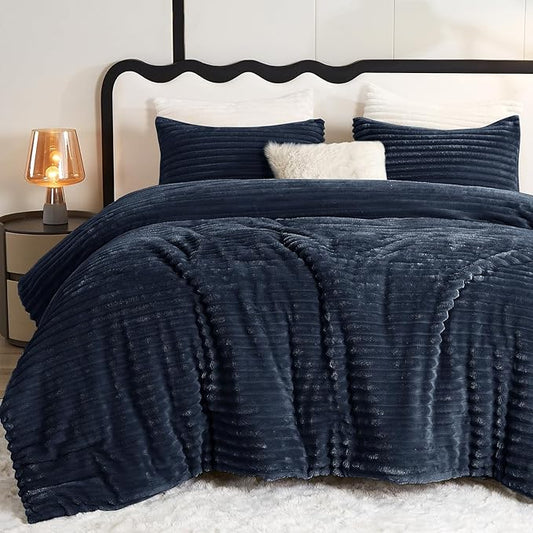 CozyLux Fluffy Queen Comforter Set - Super Soft Faux Fur Navy Blue Comforter Queen Size, Winter Warm Fleece Bedding Set, 3 Pieces Plush Fuzzy Bed Set (1 Shaggy Comforter, 2 Pillowcases)